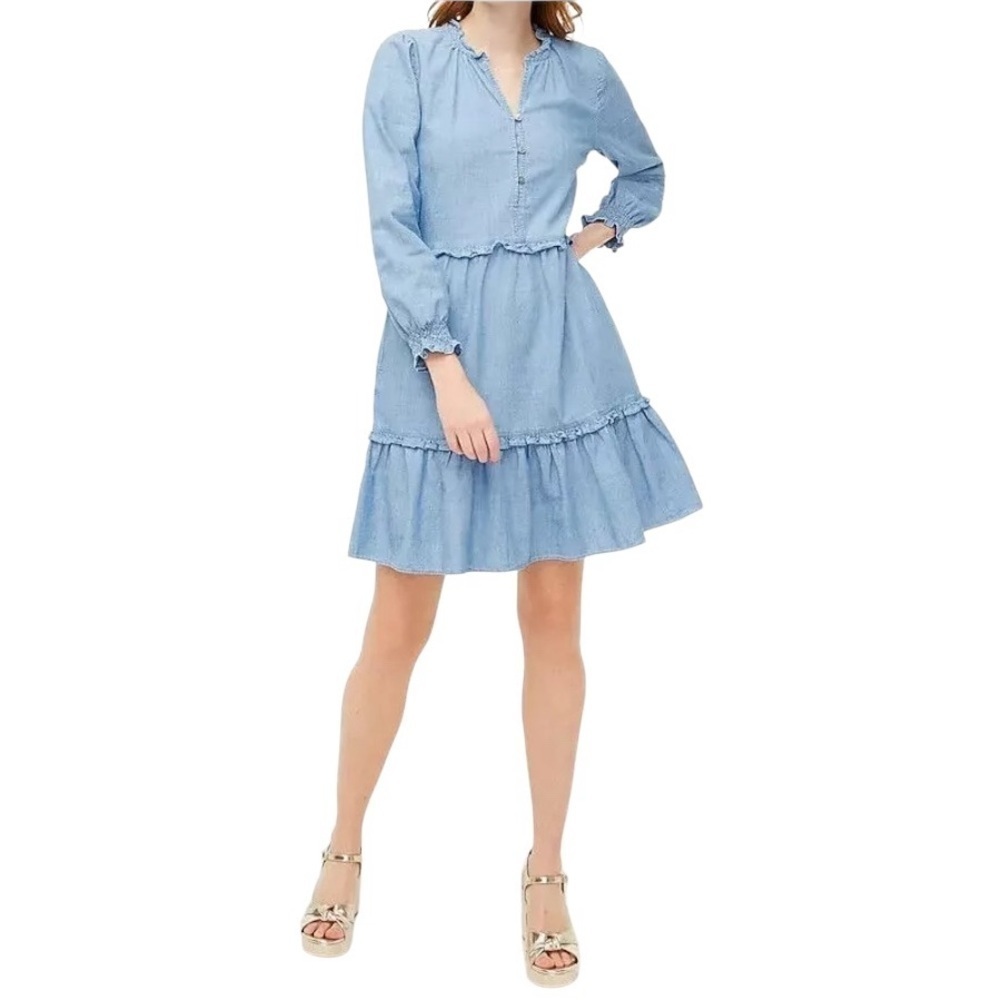 J. Crew - Chambray Ruffle Long Sleeve Mini Dress Sz 8